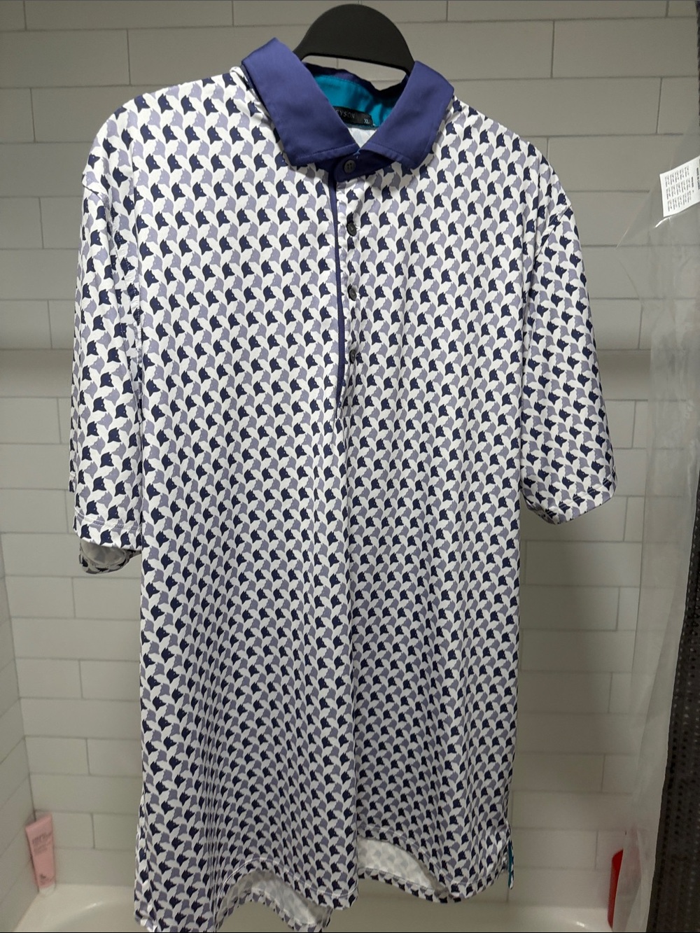 Men's White Polo with Navy Geometric Print and Contrast Collar